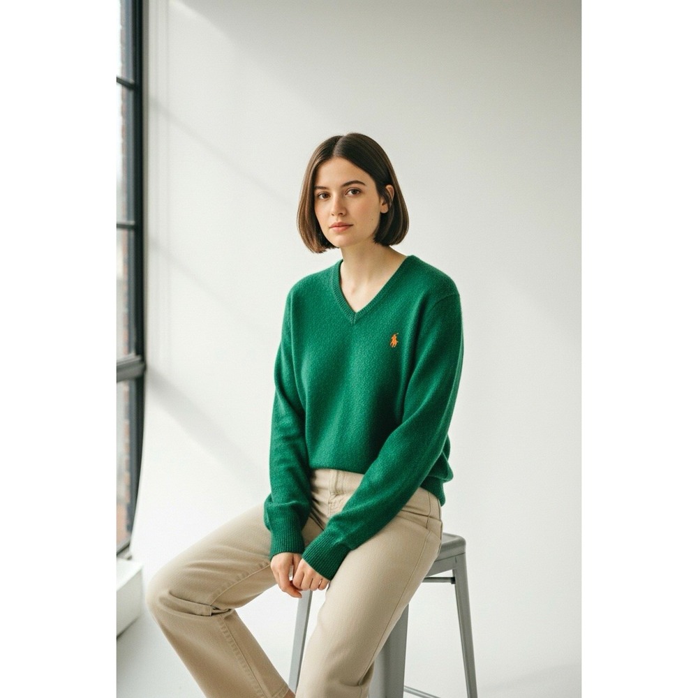 VTG Polo Ralph Lauren Womens Green V-Neck Lambswool Knit Sweater L 69775